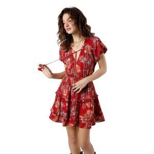 Band of Gypsies Red Floral Tiered Mini Dress